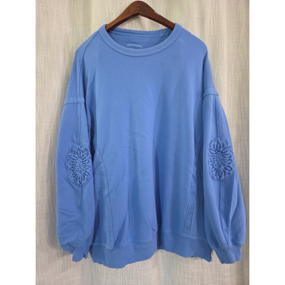 Aerie Oversized Sweatshirt Lace Crochet Elbows Size Large Blue